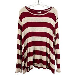 Goldspark Women’s Round Neck Striped Blouse Ruffle Hem Elbow Patches M